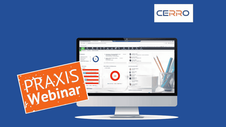 Webinar-Grafik mit Computerbildschirm, CERRO-Logo und Text „Praxis Webinar“.