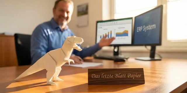 Gefalteter Papier-Dinosaurier auf einem Schreibtisch