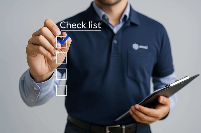Ein Außendienstmitarbeiter in Business-Kleidung markiert auf einer transparenten digitalen Checkliste ein Kontrollkästchen. Er trägt ein dunkelblaues Polo mit Firmenlogo, hält in der linken Hand ein Klemmbrett und tippt mit der rechten Hand auf das markierte Kästchen. Der Fokus liegt auf der Handbewegung und der Checkliste im Vordergrund.