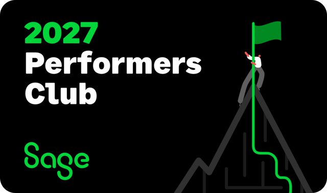 Grafik zum Sage Performers Club 2027. Auf schwarzem Hintergrund stehen der Schriftzug „2027 Performers Club“ und das grüne Sage-Logo. Rechts ist eine stilisierte Bergspitze mit einer Person zu sehen, die eine grüne Zielflagge erreicht.