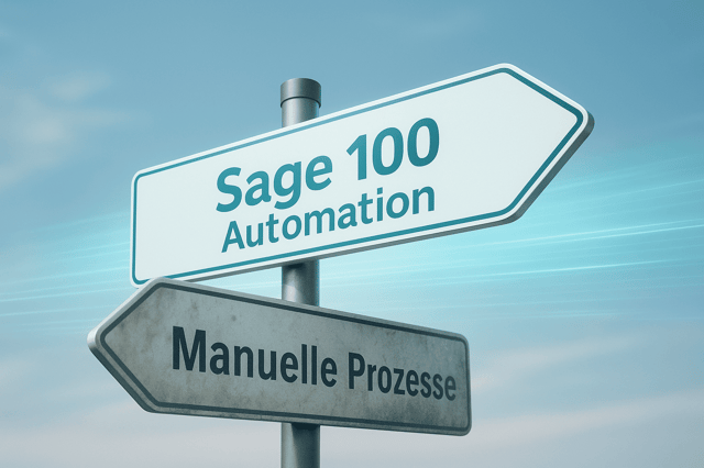 Ein Straßenschild mit zwei Pfeilen zeigt in entgegengesetzte Richtungen. Das obere, saubere und hell leuchtende Schild weist nach rechts und trägt die Aufschrift „Sage 100 Automation“. Das untere, verwitterte und leicht verschmutzte Schild zeigt nach links und trägt den Text „Manuelle Prozesse“. Im Hintergrund ist ein klarer Himmel mit türkisen Lichtlinien zu sehen, die Bewegung und Fortschritt symbolisieren.