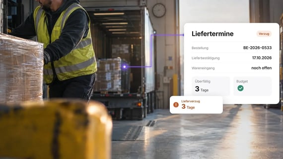 Lagerarbeiter an der Laderampe, eingeblendet eine Bestellung mit Lieferverzug: Wareneingang offen, drei Tage überfällig (AI generated)