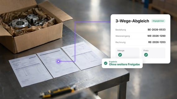 Bestellung, Lieferschein und Rechnung neben der Lieferung, eingeblendet der 3-Wege-Abgleich: Menge und Preis stimmen (AI generated)