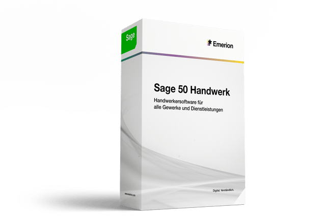 Softwarebox Sage 50 Handwerk Enterprise mit Sage- und Emerion-Logo