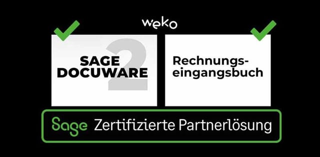 Zertifizierte Sage-Partnerlösung von weko für die Schnittstelle Sage 2 DocuWare und das Rechnungseingangsbuch.