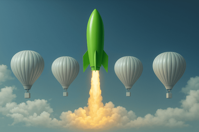 Eine grüne Rakete startet kraftvoll in den Himmel, flankiert von vier ruhig schwebenden Heißluftballons. Das helle, realistische Bild vermittelt Dynamik, Fortschritt und klaren Vorsprung gegenüber statischen Alternativen